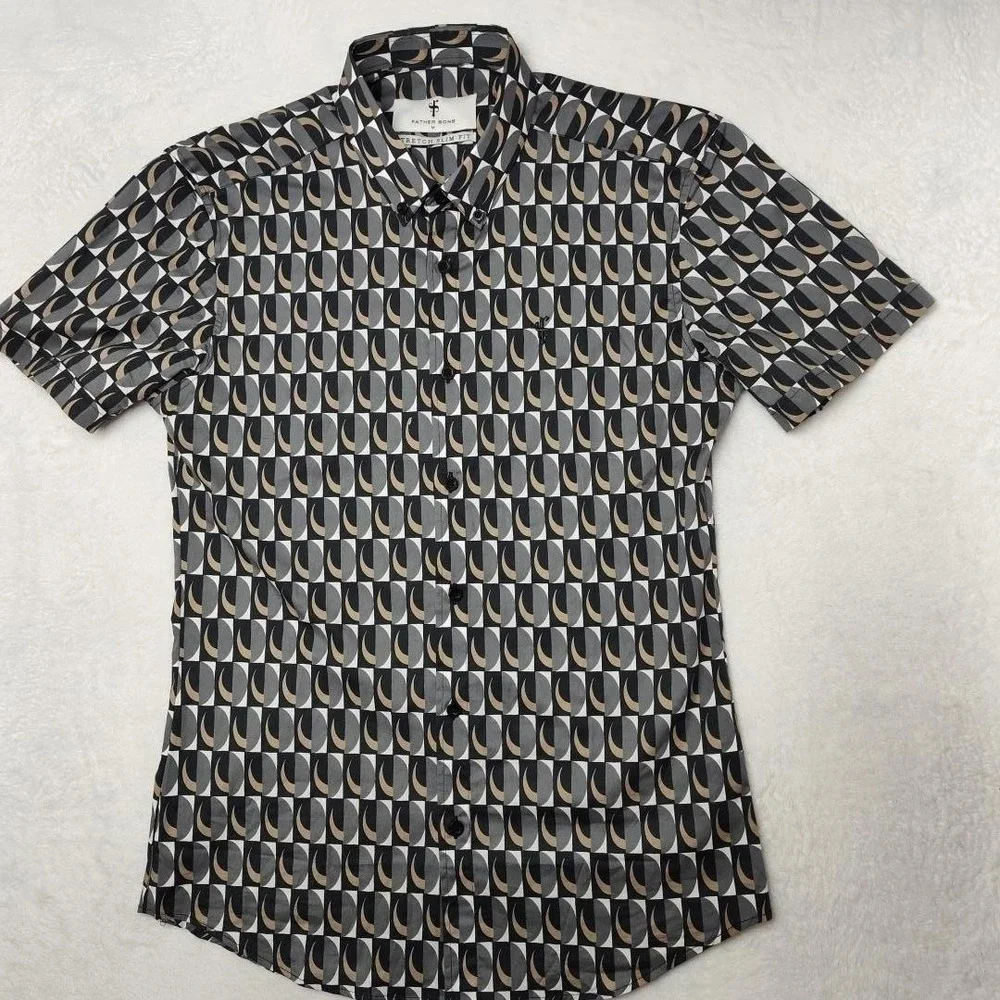 Father Sons Shirt Mens Medium‎ Gray Geometric Short Sleeve Button Up Slim Fit